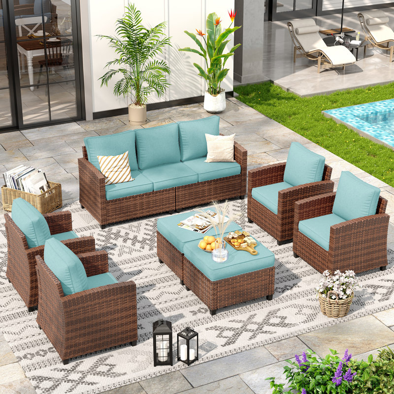 7-Person Outdoor Seating Group With Cushion, Blue, Brown