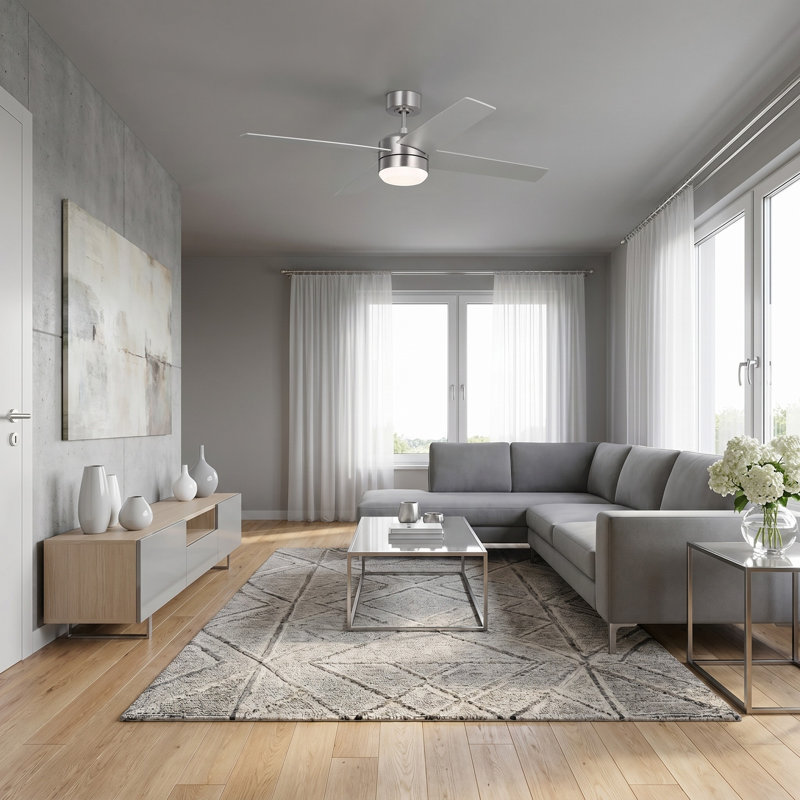 Ventilateur de plafond à DEL Loni 52, Acier brossé, Commande murale, Noyer américain / argent lame