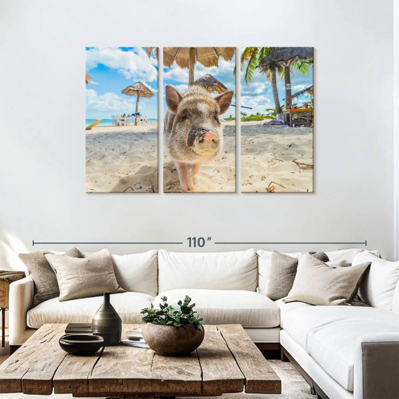 Cochon sale sur la plage, H 48 po x l 74 po
