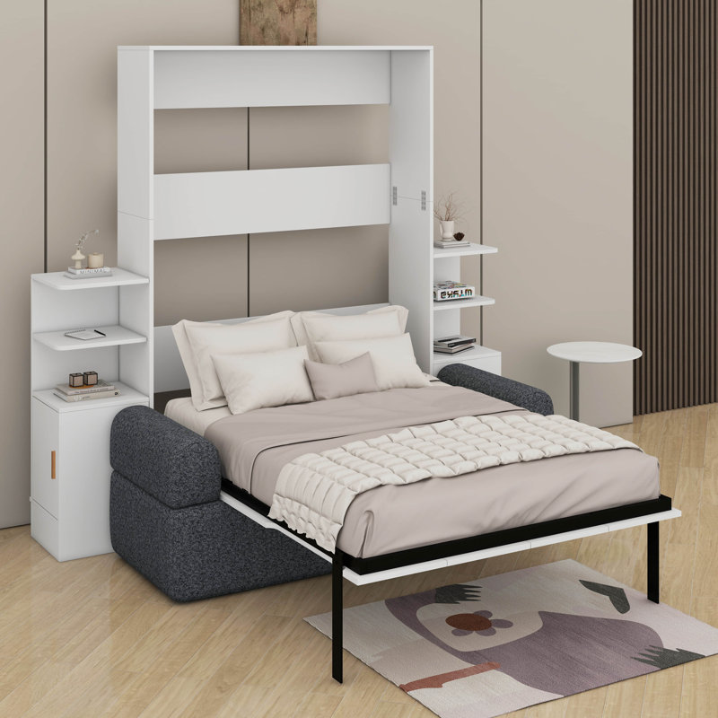 Lit escamotable avec canapé Murphy, cadre de lit mural peu encombrant avec armoires de rangement, White/Grey