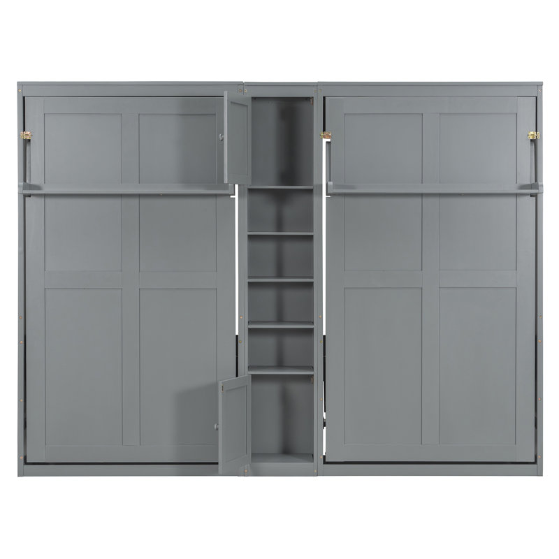 Lits simples escamotables doubles avec armoires et tablettes, lits muraux en bois peu encombrants, gris, Gris