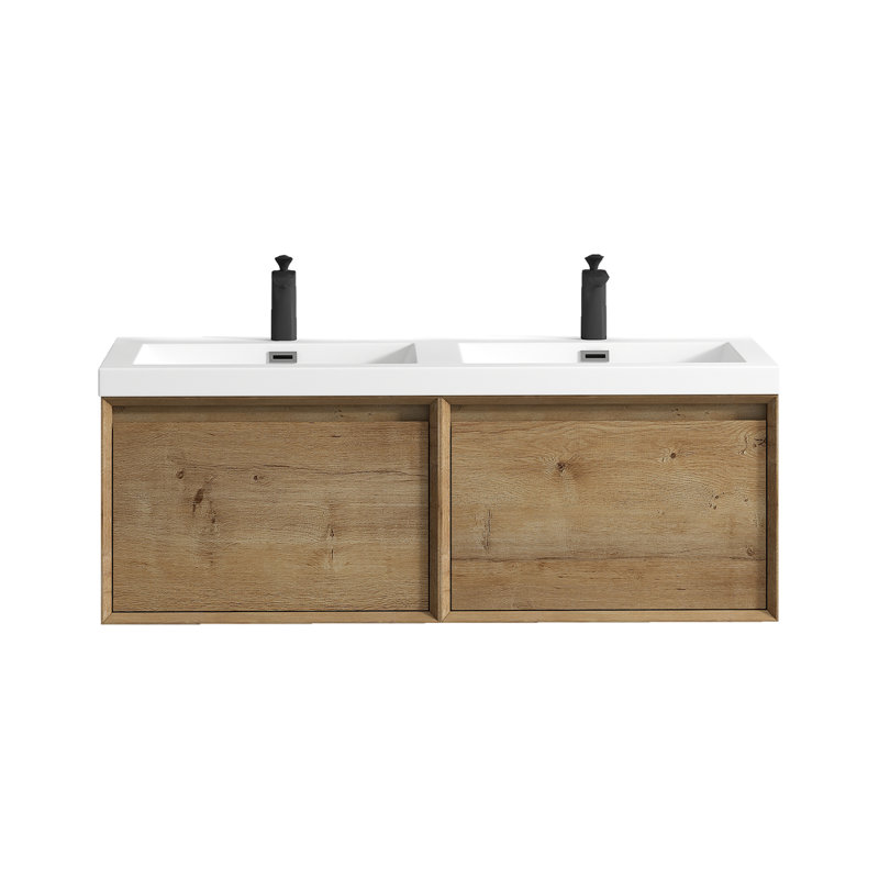 Bella 47" W x 19.6" D x 17.7" H Wall-Mounted Double Bathroom Vanity, White Oak