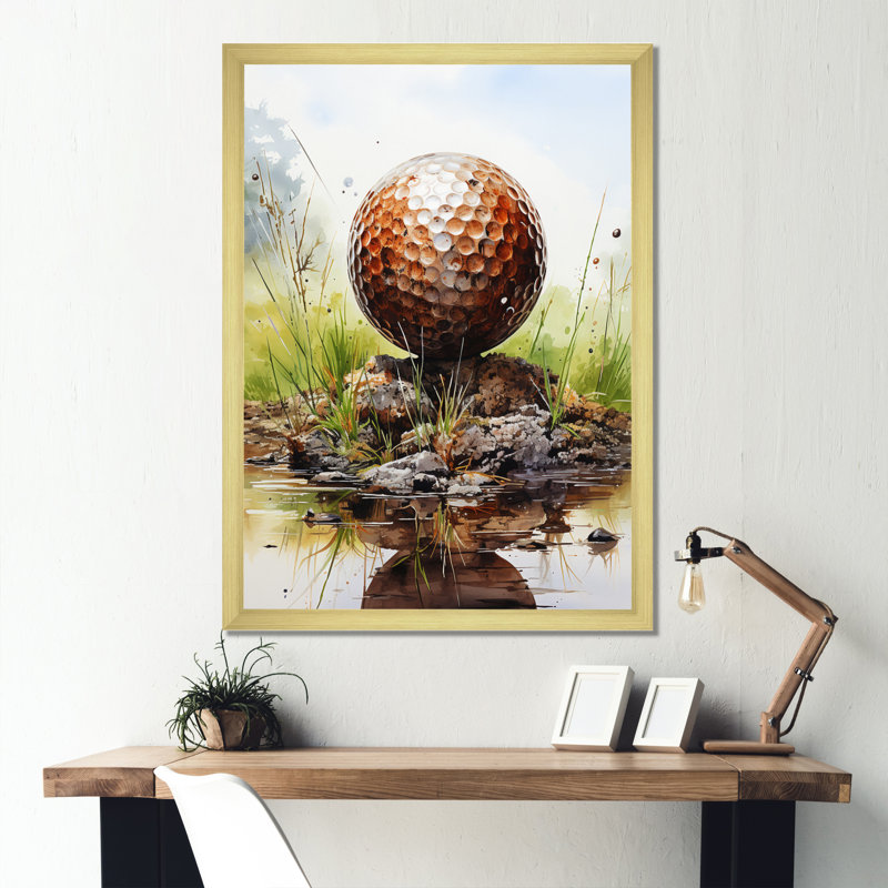 Minimalisme Golf Ball II - art mural toile de golf, H 20 po x l 12 po x P 1 po, Encadrement doré