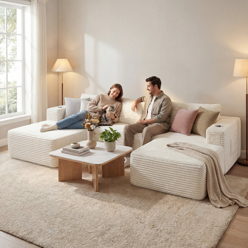 Canapé modulaire en L 108 po avec méridienne 108 po, Beige Corduroy
