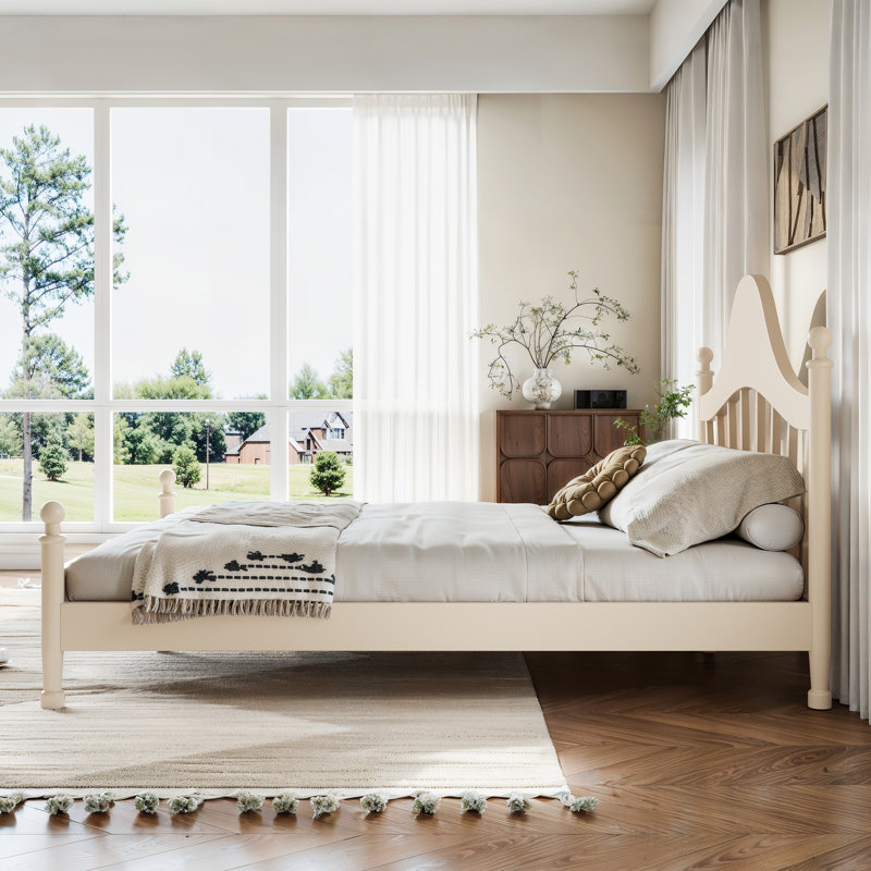 Grand lit plateforme en bois à profil bas avec tête de lit grand, support à lattes de bois, aucun sommier requis, beige