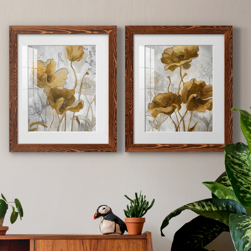 Or et argent Flowerfield I - ensemble de 2 reproductions d'art sur papier encadré, H 20 po x l 17 po x P 1 po
