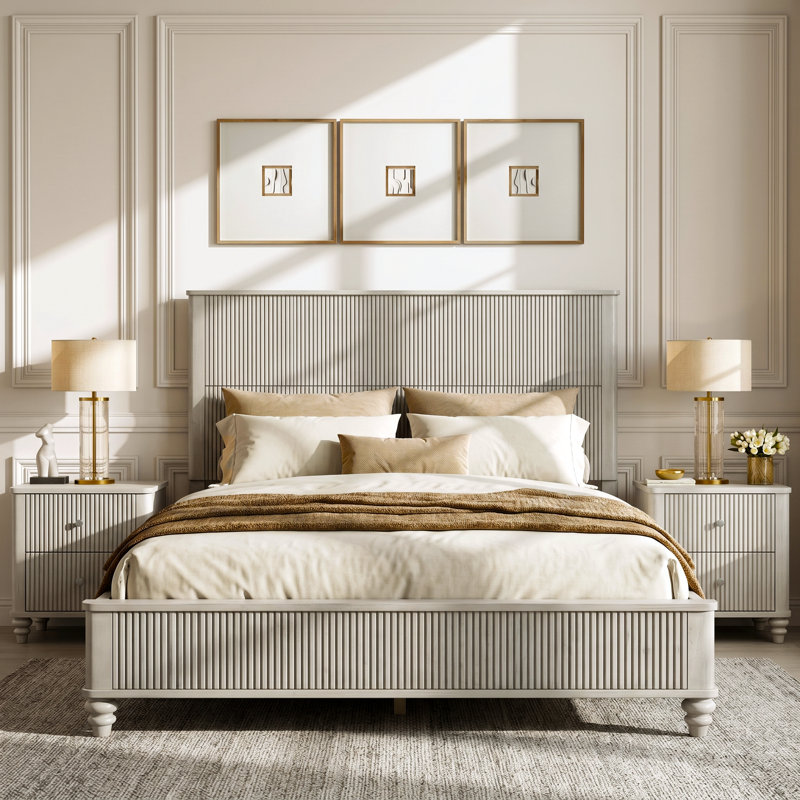 3-Piece Bedroom set,INcluding Bed and 2 Nightstands, Beige, Queen