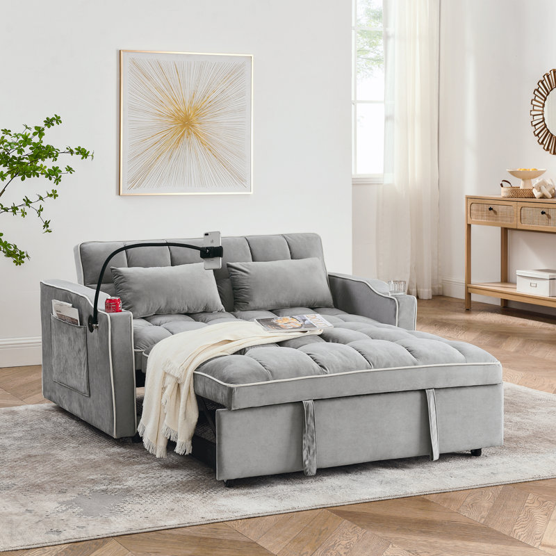 Canapé-lit pliable polyvalent de 55,51 pouces en 3 longueurs, canapé-lit moderne, canapé-lit en velours, dossier réglable, port USB, cendrier et support pour téléphone pivotant (gris)