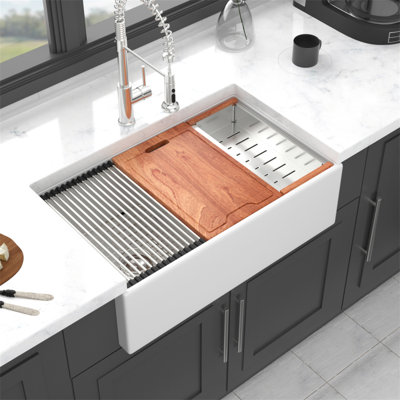 White Farmhouse Sink Workstation - 33 Inch White Ceramic Double Bowl Farm Kitchen Sink