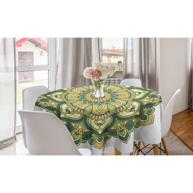 Ambesonne Mandala Round Tablecloth, Style Dahlia Petals Eastern Illustration Print, Circle Table Cloth Cover For Dining Room Kitchen Decoration, 60", Fern Green Apricot
