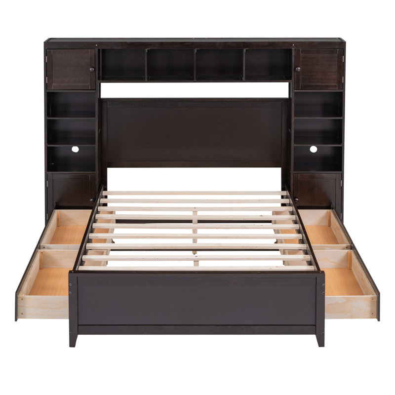 Lit double en bois avec armoire et tablette tout-en-un, espresso, Brun