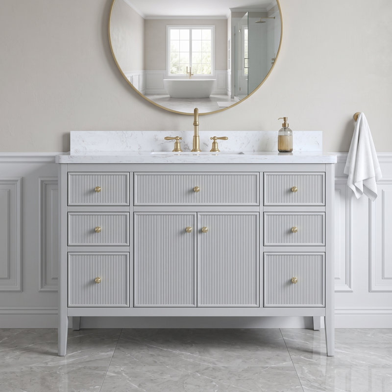 Meuble-lavabo autoportant en bois massif de 48 pouces avec comptoir, gris, entièrement assemblé, Grey