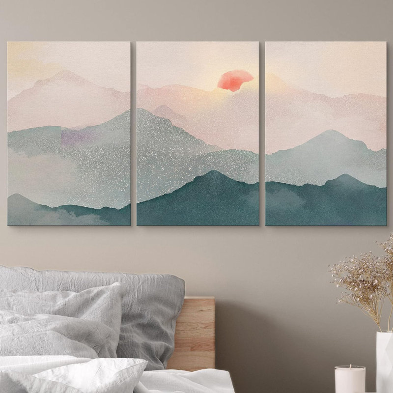 Abstrait paysage pastel bleu sarcelle matin rose montagne nature moderne Art déco paysage zen sur toile 3 pièces