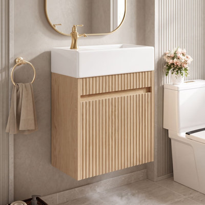 18.5" Wall-Mounted Floating Bathroom Vanity with Reversible Left or Right Resin Sink and Push-to-Open Door