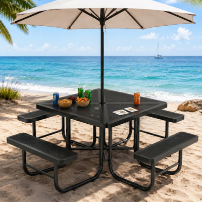Ensemble repas d'extérieur 46 "- table et bancs en acier, trous de parasol, sièges 4-8