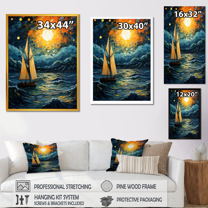 Clair de lune, bateau à voile Horizon III - Bateau à voile, art mural, Cadre flottant doré, H 32 po x l 16 po x P 1 po