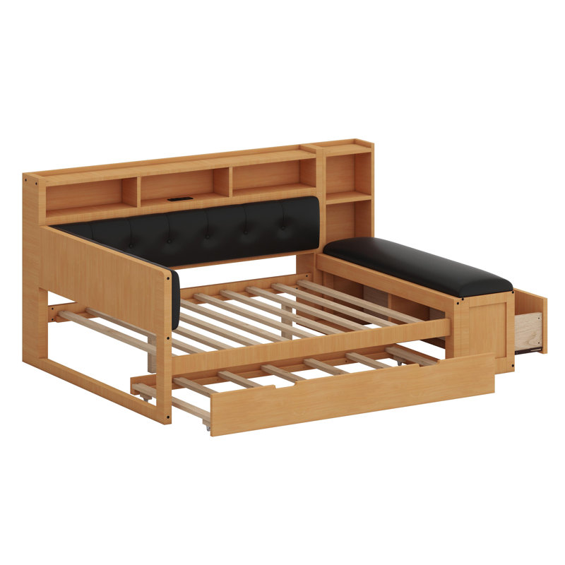 Lit de jour multifonctionnel avec couchette coulissante, tablettes de rangement intégrées et station de charge intégrée