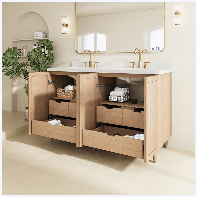 Ensemble de meuble-lavabo sur pied 60 po à une cuve 60 po en bois massif avec plateau blanc d'ingénierie et café clair