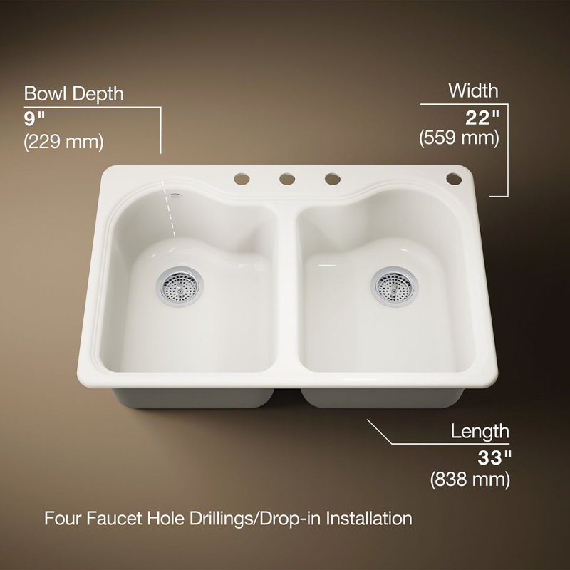 Hartland 33" L x 22" W x 9-5/8" Double Basin Drop-In Kitchen Sink, 4 Hole, Biscuit