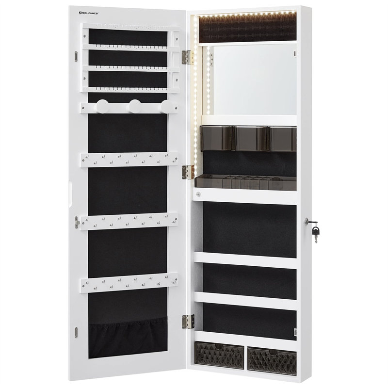 White Wall Mounted Jewelry Armoire with Mirror and LED Lights