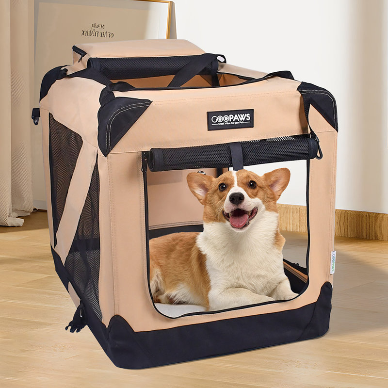 Collapsible Pet Carrier with 3 Doors, Large (27" H x 24" W x 36" D), Beige