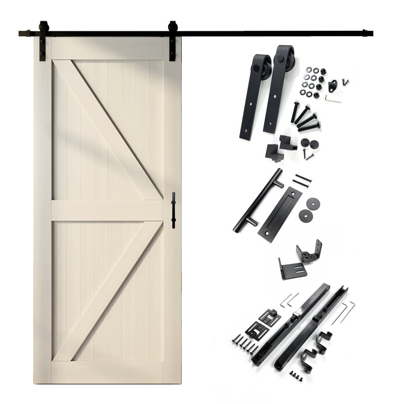 Porte en bois de pin massif gris Tinsmith avec trousse de quincaillerie d'installation rustique noire, 48 po x 84 po