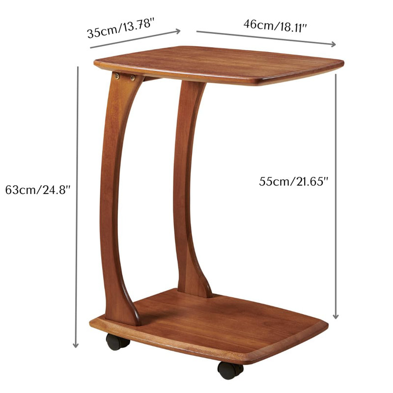 Solid Wood End Table With Rolling Wheels, C Shaped Side Table, TV Tray Table, Couch Table That Slide Under For Small Space, Living Room, Bedroom (Walnut)