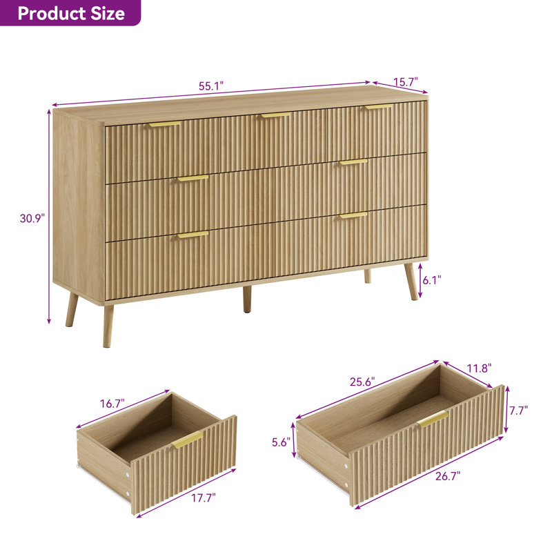 Fluted 7-Drawer Double Dresser For Bedroom, 55.1" Modern Chest Of Drawers With Deep Drawers, Curved Profile Design, Wood Drawer Organizer For Living Room, Hallway, Nursery, Hallway Closet