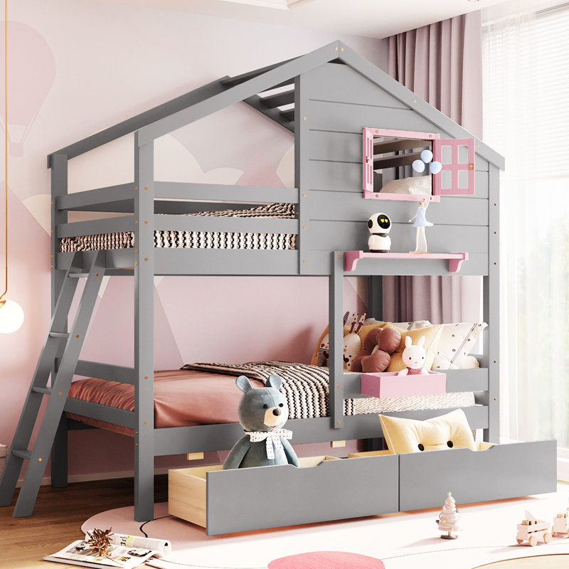Lit simple superposé en gris. Comprend 2 tiroirs, une boîte de rangement, une tablette et une fenêtre. Bois massif. Pour les plus de 6 ans est livré avec du bois pour plus de stabilité. Des années et plus