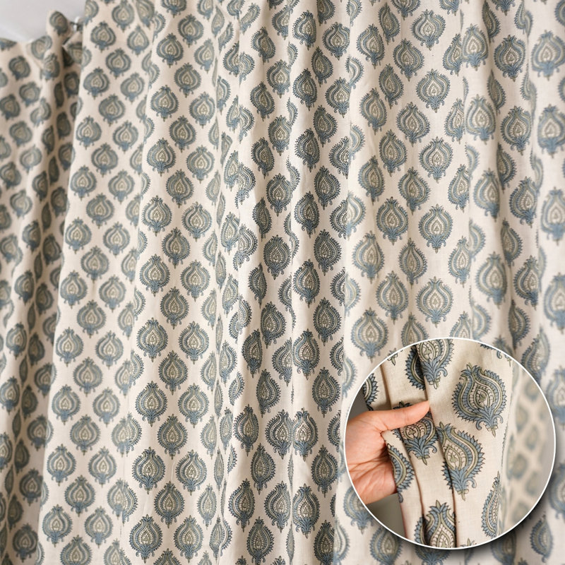 Fabdivine Viscose Linen Curtain with Floral Block Print Handcrafted Elegance for Home - Uday, 54" W x 102" L