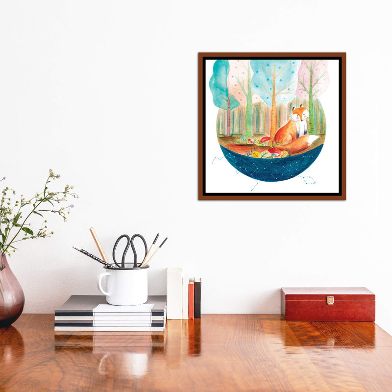 Renard et baleine I - impression, Toile avec cadre brun, Pas de tapis, H 18 po x l 18 po x 1,5 po