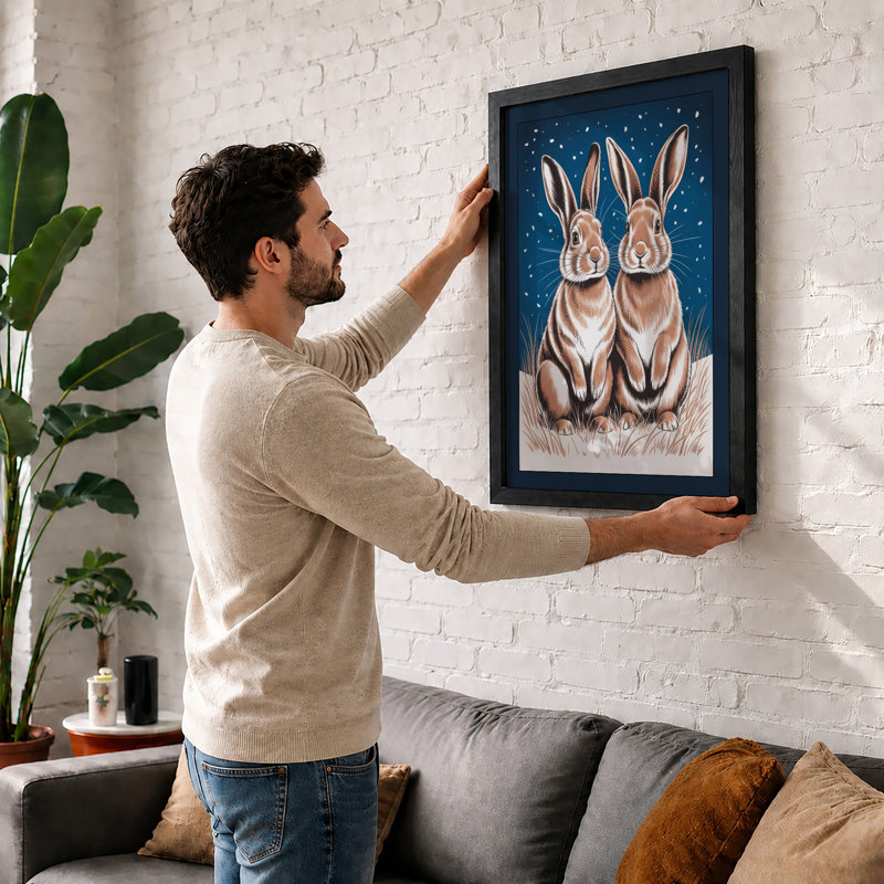 Rabbits in Winter Night Scandinavian - Framed Print, Black, A3 - 42.0 x 29.7 cm