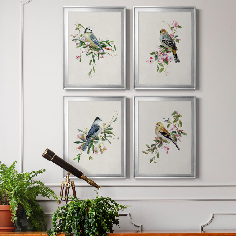 «Spring Song Blue Bird», ensemble de 4 peintures sur toile encadrées, Argent, H 22,5 po x l 122 po x P 1,5 po