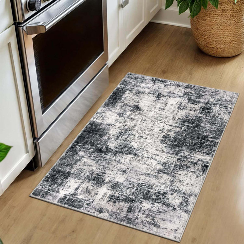 Small Abstract Area Rug 2X3 Ft Entryway Rugs Washable, Black