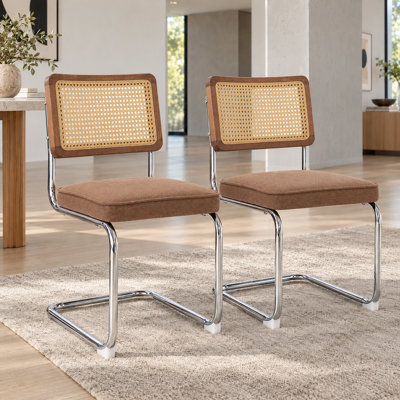 Breuer Inspired Linen Accent Chairs - Set Of 2, Rattan Back, Steel Frame, Cantilever Design