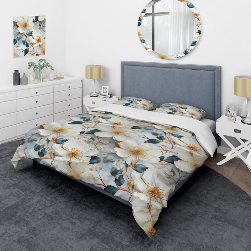 Literie Magnolias Vein White And Blue Marble Pattern II, Housse de couette simple + 1 taie décorative stan