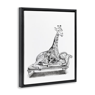 Girafe reposant sur une chaise, art mural encadré flottant, design par Rachel Nieman