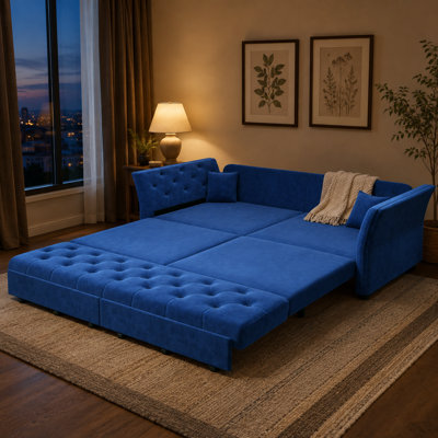 Floravessane 74.4" Queen Pull-Out Velvet Sleeper Sofa with Floral-Inspired Button Tufting, Deep Seats, Removable Cushion Covers and 2 Pillows