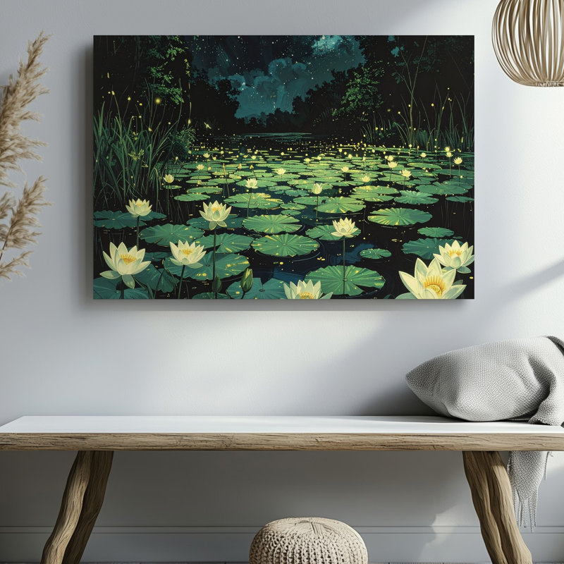 Toile mystérieuse avec étang de nuit, fleurs et lucioles sous un ciel étoilé, art mural, H 18 po x l 24 po