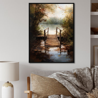 «Little Bridge Autumn Day at the Lake Watercolor», reproduction