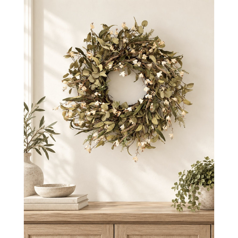 Couronne d'eucalyptus d'automne rustique neutre de 24 po, couronne artificielle avec petites fleurs blanches pour décoration murale