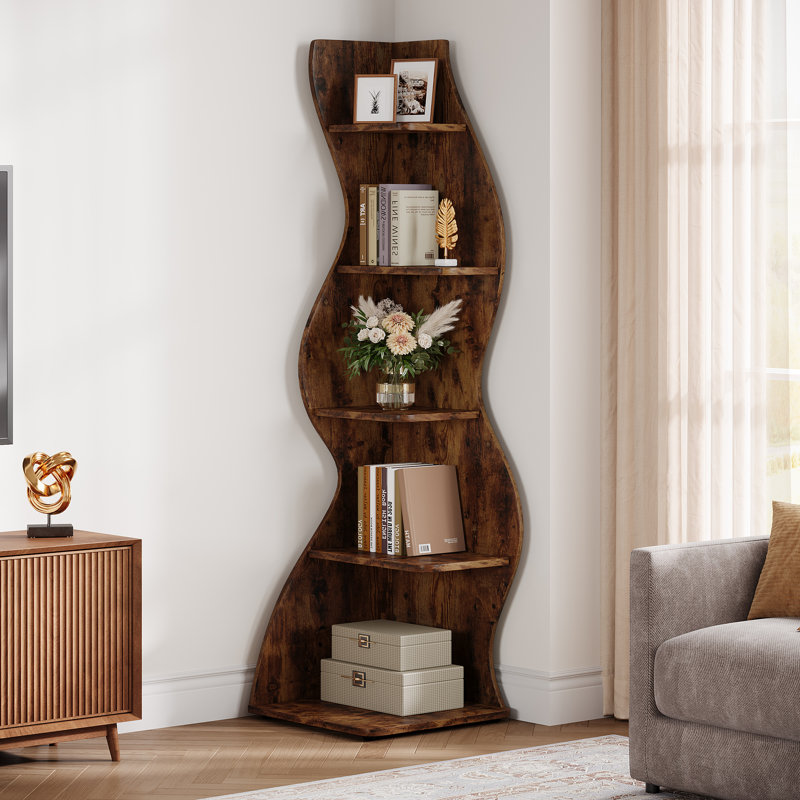 5-Tier Corner Bookshelf Tall Corner Shelf Storage Bookcase for Living Room, Brown, 1