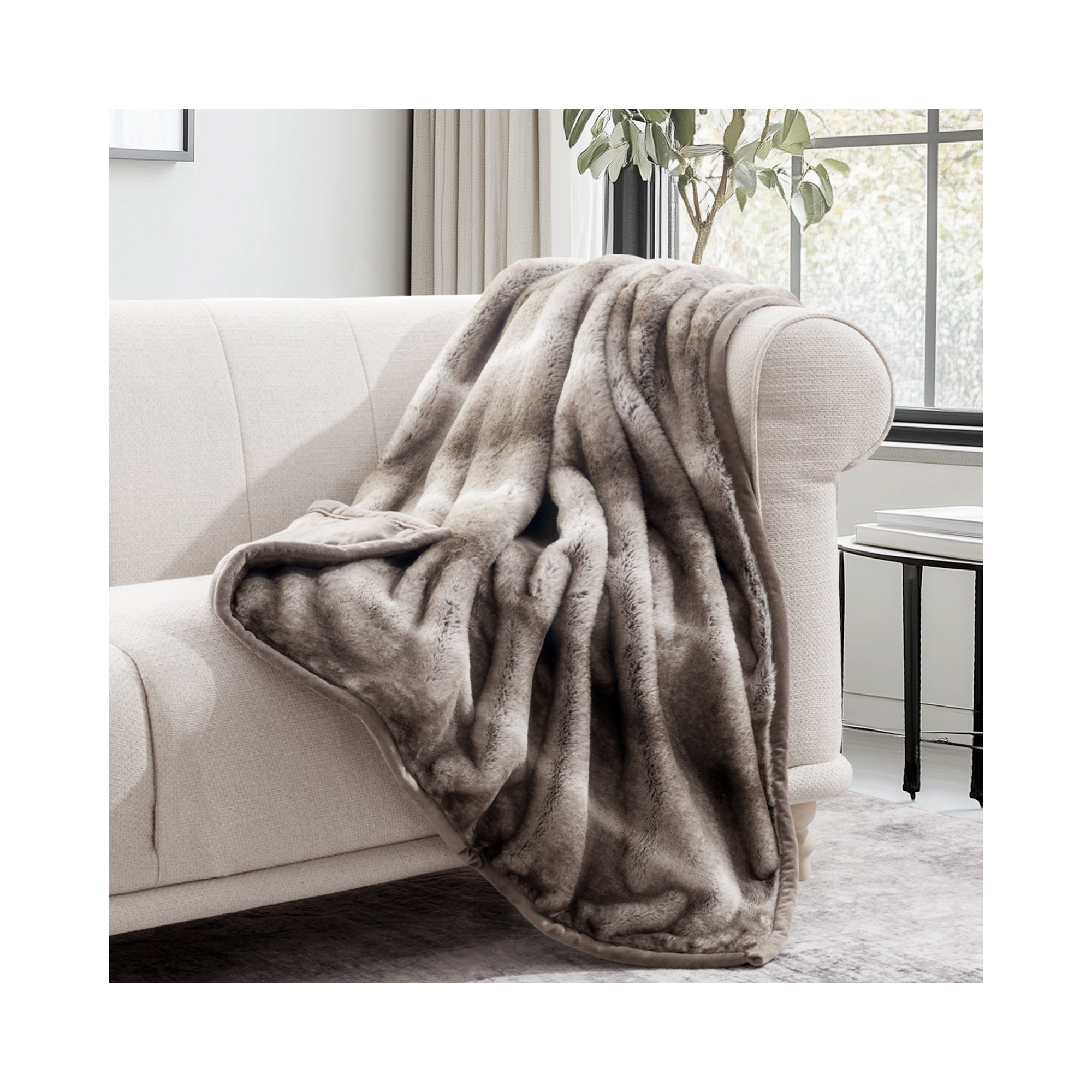 Luxury Mink Faux Fur Throw Blanket, 60" W x 80" L, Ombré Hazel Brown