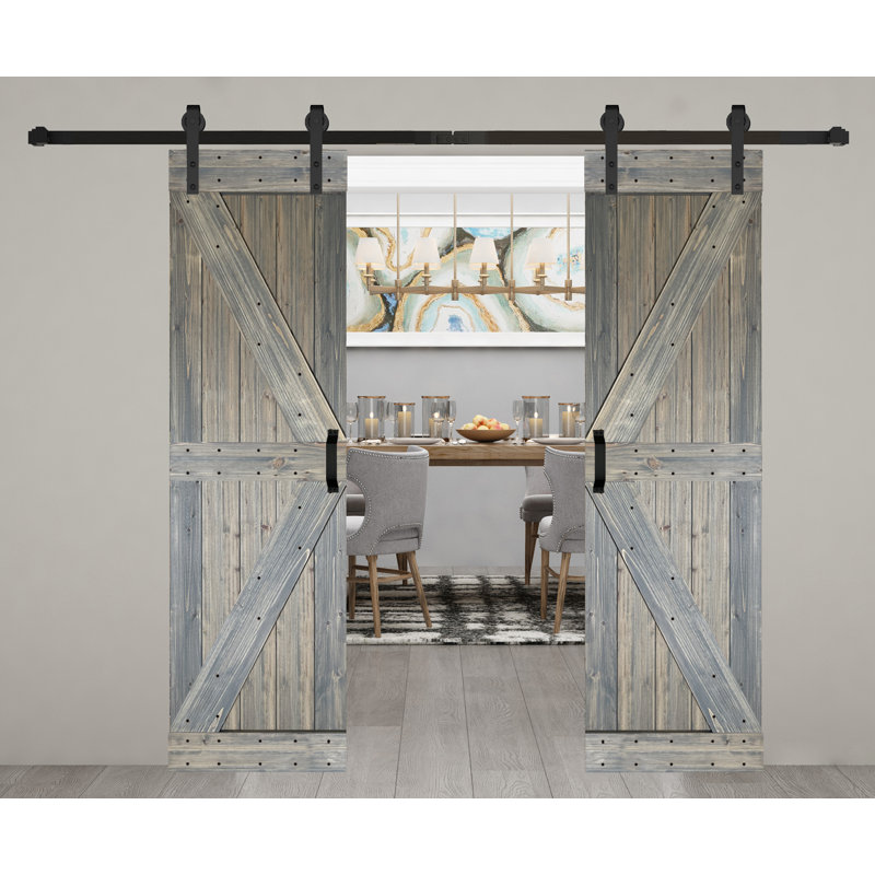 Porte de grange coulissante double en bois massif de style K avec ensemble de quincaillerie - Assemblage requis