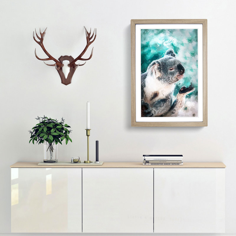 Cute Koala Bear in Abstract - Picture Frame Graphic Art Print, 65cm H x 48cm W x 2cm D, Oak Framed