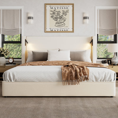 Upholstered Bed Frame with High Wingback Headboard,Reading Lamp and USB port