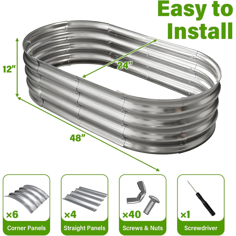 Lit de jardin surélevé galvanisé pour l'extérieur: Ensemble de pot de fleurs en métal durable de 4 x 2 x 1 pi - Boîte à fleurs ovale pour plantes