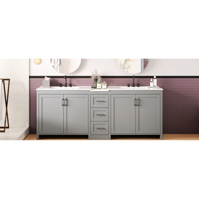 84" Double - Sink Bathroom Vanity In Gray Glint, Featuring 2 Ceramic Sinks, Quartz Surface, 3 Deep Drawers, Adjustable Shelf And Self Gentle Closing Arrangement 84 Inch Top, Three Storage Space