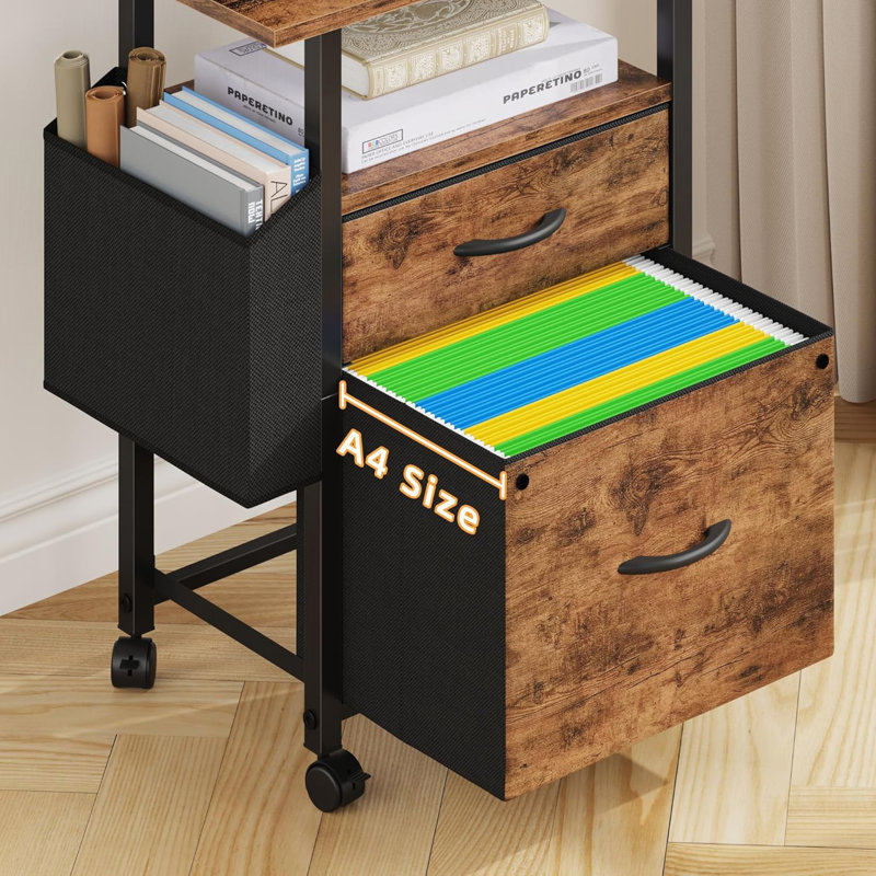 Light Brown 2-Drawer Mobile File Cabinet - 24'' Extended Desktop, Fabric Drawers, Side Bag (Fits A4/Letter Size, Printer Stand For Home Office)