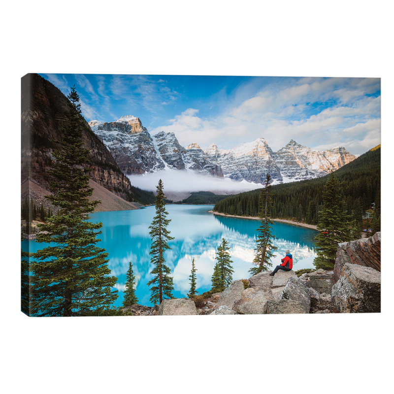 Man Sitting Near Moraine Lake, Banff National Park, Canada by Matteo Colombo - Wrapped Canvas Print